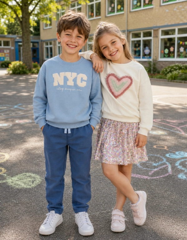 Un niño y una niña sonríen en el patio del colegio con ropa cómoda para el día a día escolar.