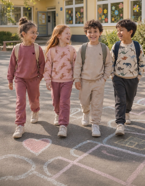 Cuatro niños caminan felices por el patio del colegio con mochilas y cómodos outfits para el día a día escolar.