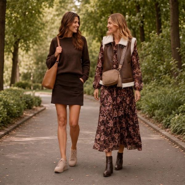 Dos mujeres con looks de moda paseando por un parque.