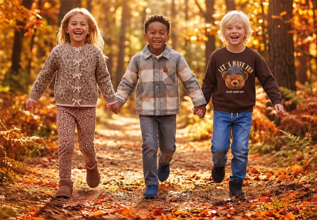Niños con outfits de otoño de cuadros y punto en el bosque