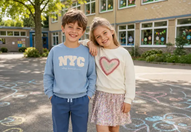 Un niño y una niña sonríen en el patio del colegio con cómodos conjuntos informales, ideales para el día a día escolar.