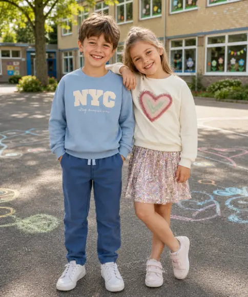 Un niño y una niña sonríen en el patio del colegio con ropa cómoda para el día a día escolar.