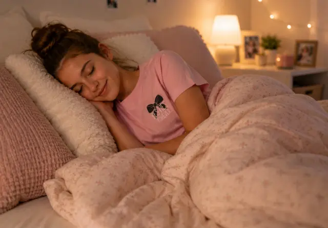 Una niña duerme plácidamente arropada bajo una manta y lleva un pijama rosa. El acogedor dormitorio transmite tranquilidad y bienestar. Una niña duerme plácidamente arropada bajo una manta y lleva un pijama rosa. El acogedor dormitorio transmite tranquilidad y bienestar.