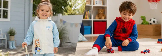 Imagen promocional dividida con ropa infantil de Bluey y Spider-Man: a la izquierda, un niño lleva un chubasquero claro de Bluey en un jardín; a la derecha, otro niño juega relajadamente con un coche de juguete en su habitación mientras lleva una sudadera con capucha de Spider-Man. Imagen promocional dividida con ropa infantil de Bluey y Spider-Man: a la izquierda, un niño lleva un chubasquero claro de Bluey en un jardín; a la derecha, otro niño juega relajadamente con un coche de juguete en su habitación mientras lleva una sudadera con capucha de Spider-Man.