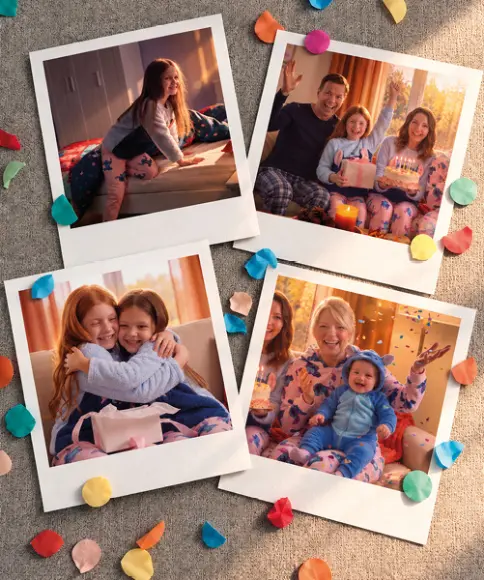 Cuatro fotos muestran momentos familiares felices con niños en cómodos pijamas de Stitch mientras se abrazan y celebran